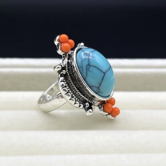 925 Sterling Silver with Turquoise and Enamel Boho Statement Ring Size 8 - Picture 3 of 9